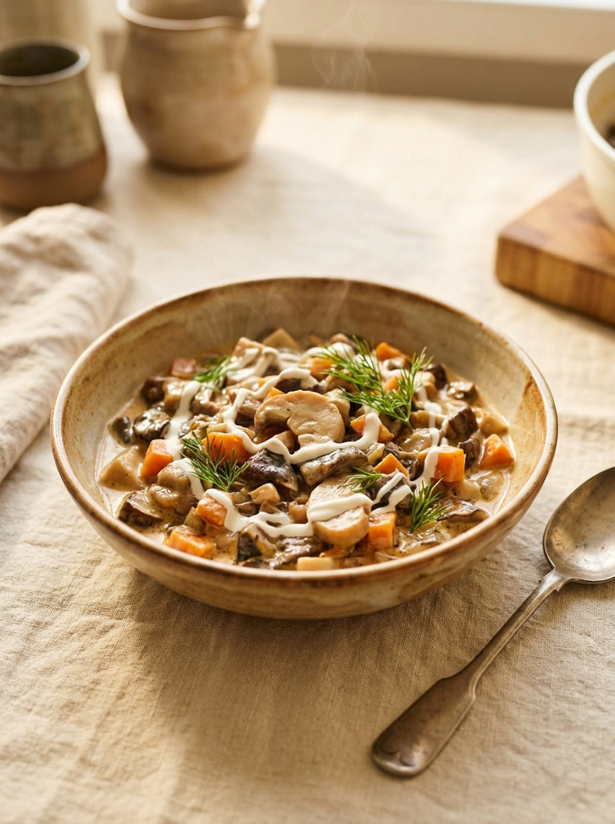 King oyster mushrooms in a sour cream sauce